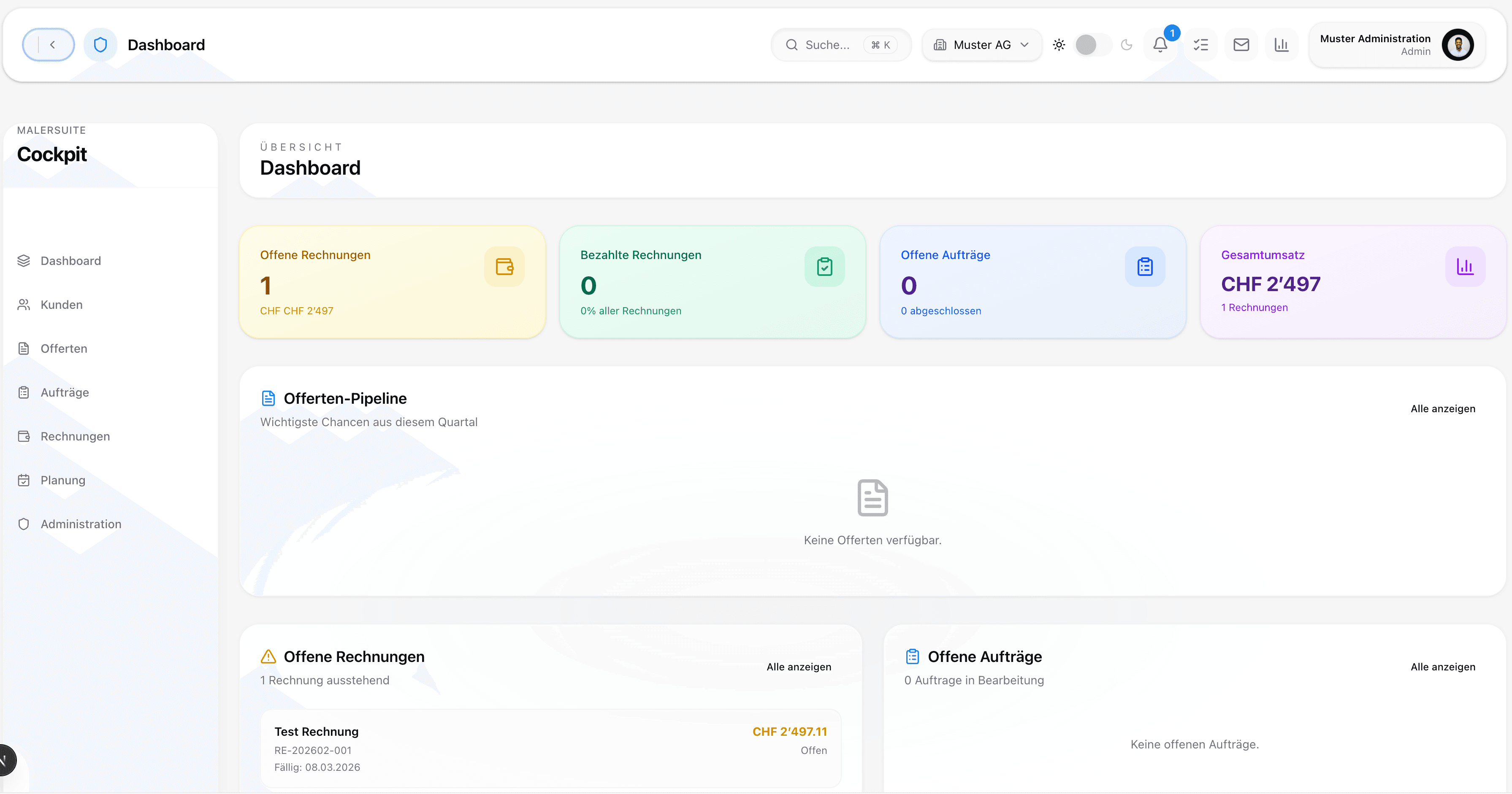 Billeris dunkle Dashboard Ansicht